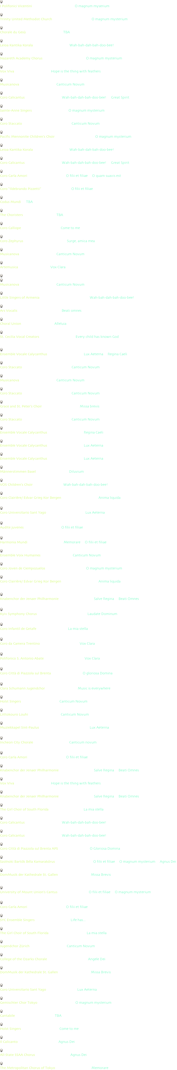 

 December 24, 2022  Chiostri di Santa Corona - Vicenza - ITALY
I Polifonici Vicentini - dir. Pierluigi Comparin - “O magnum myserium”

 December 24, 2022  Basilica della Maria Ausiliatrice - Torino - ITALY
Trinity United Methodist Church - dir. Linda Cancellieri - “O magnum mysterium”

 December 18, 2022  Salle Redpath - Montréal QC - CANADA
Chorale du Gesù - dir. Patricia Abbott - “TBA”

 December 18, 2022  Euskalduna Bilbao - Bilbao - SPAIN
Leioa Kantika Korala - dir. Basilio Astúlez - “Wah-bah-dah-bah-doo-bee!”

 December 18, 2022  Nazareth Academy Chapel - Nazareth PA - USA
Nazareth Academy Chorus - dir. Catherine Chmelko - “O magnum mysterium”

 December 16, 2022  Basilica della Maria Ausiliatrice - Torino - ITALY
Vox Viva - dir. Dario Piumatti - “Hope is the thing with feathers”

 December 11, 2022  Basilica di San Saba - Roma - ITALY
Musicanova - dir. Fabrizio Barchi - “Canticum Novum”

 December 11,  2022  Chiesa di S. Francesco - Locarno - SWITZERLAND 
Coro Calicantus - dir. Mario Fontana - “Wah-bah-dah-bah-doo-bee!”, “Great Spirit”

 December 10, 2022  Cedar Park United Church - Pointe-Claire QC  - CANADA
Sainte-Anne Singers - dir. Margo Keenan - “O magnum mysterium”

 December 10, 2022  Sala Carlos Chávez - Alcaldía de Coyoacán - MEXICO
Coro Staccato - dir. Marco Antonio Ugalde - “Canticum Novum”

 December 3, 2022  Central Heights Church  - Abbotsford  - CANADA
Pacific Mennonite Children’s Choir - dir. Sonja Hindmarsh - “O magnum mysterium”

 December 3, 2022  Iglesia de San Julián - Cuenca - SPAIN
Leioa Kantika Korala - dir. Basilio Astúlez - “Wah-bah-dah-bah-doo-bee!”

 December 2,  2022  Chiesa di S. Maurizio - Maggia - SWITZERLAND 
Coro Calicantus - dir. Mario Fontana - “Wah-bah-dah-bah-doo-bee!”, “Great Spirit”

 November 26, 2022   Chiesa del Crocifisso - Rimini - ITALY
Coro Carla Amori - dir. Andrea Angelini - “O filii et filiae”, “O quam suavis est”

 November 22, 2022  Chiesa di Sant’Antonio Abate - Parma - ITALY
Coro “Ildebrando Pizzetti” - dir. Ilaria Poldi - “O filii et filiae”

 November 20, 2022   Trinity Episcopal Church - Solebury PA - USA
Codus Mundi -  “TBA”

 November 19, 2022   Trinity Lutheran Church - Lansdale PA - USA
The Choristers - dir. David Spitko - “TBA”

 November 19, 2022  Wiener Konzerthaus / Grosser Saal - Vienna - AUSTRIA
Coro Calliope - dir. Esther Haarbeck - “Come to me”

 November 13, 2022  Chiesa di San Vitale - Parma - ITALY
Coro Zephyrus - dir. Luca Scaccabarozzi - “Surge, amica mea”

 November 5-6, 2022  39° Concorso Polifonico Nazionale - Arezzo - ITALY
Musicanova - dir. Fabrizio Barchi - “Canticum Novum”

 October 21-23, 2022  F. Corti 2022 International Compeition - Torino - ITALY
Artemusica - dir. Debora Bria - “Vox Clara”

 October 20, 2022  Sala Maestra - Palazzo Chigi - Ariccia - ITALY
 October 21, 2022  Chiesa Sant’Antonio Abate - Palestrina - ITALY
Musicanova - dir. Fabrizio Barchi - “Canticum Novum”

 October 17, 2022   Aram Khachaturian Concert Hall - Yerevan - ARMENIA
Little Singers of Armenia - guest cond. Mario Fontana - “Wah-bah-dah-bah-doo-bee!”

 October 16, 2022  Coliseu Porto Ageas - Porto - PORTUGAL
Ars Vocalis - dir. Helena Venda Lima - “Beati omnes”

 October 14, 2022  The Chan Centre for the Performing Arts - Vancouver BC - CANADA
Choral Union - dir. Heyjung Jun - “Alleluia”

 October 14, 2022  Tokyo Opera City Concert Hall - Tokyo - JAPAN
St. Cecilia Vocal Creators - dir. Ko Matsushita - “Every child has known God”
world premiere

 October 8, 2022  Chiesa S. Lorenzo - Parabiago (MI) - ITALY
Ensemble Vocale Calycanthus - dir. Pietro Ferrario - “Lux Aeterna”, “Regina Caeli”

 October 6, 2022  Sala Xochipilli - UNAM - Mexico City - MEXICO
Coro Staccato - dir. Marco Antonio Ugalde - “Canticum Novum”

 October 6, 2022  Basilica dei SS. Bonifacio e Alessio - Roma - ITALY
Musicanova - dir. Fabrizio Barchi - “Canticum Novum”

 October 5, 2022  Auditorio A - UNAM - Mexico City - MEXICO
Coro Staccato - dir. Marco Antonio Ugalde - “Canticum Novum”

 October 2, 2022  Grace and St. Peter’s Episcopal Church - Baltimore MD - USA
Grace and St. Peter’s Choir - dir. Jordan Prescott - “Missa brevis” US premiere

 October 1, 2022  Palacio de la Autonomía  - Mexico City - MEXICO
Coro Staccato - dir. Marco Antonio Ugalde - “Canticum Novum”

 October 1, 2022  Auditorium S. Antonio - Chiavenna (SO) - ITALY
Ensemble Vocale Calycanthus - dir. Pietro Ferrario - “Regina Caeli”

 September 30, 2022  Auditorium Leone Trabucchi di Castione - Andevenno (SO) - ITALY
Ensemble Vocale Calycanthus - dir. Pietro Ferrario - “Lux Aeterna”

 September 30, 2022  Chiesa S. Giuseppe - Morbegno (SO) - ITALY
Ensemble Vocale Calycanthus - dir. Pietro Ferrario - “Lux Aeterna”

 September 24, 2022  Pauluskirche - Basel - SWITZERLAND
Männerstimmen Basel - dir. Oliver Rudin - “Diluvium”

 September 24, 2022  Victoria Concert Hall - SINGAPORE
VOS Children’s Choir - dir. Darius Lim - “Wah-bah-dah-bah-doo-bee!”

 August 6, 2022  Domkirke - Bergen - NORWAY
Coro Clairière/ Edvar Grieg Kor Bergen - dir. Brunella Clerici - “Anima liquida”

 July 22, 2022   Monasterio del Desierto de Las Palmas - SPAIN
Coro Universitario Sant Yago - dir. Pau de Luis Alba - “Lux Aeterna”

 July 19, 2022   Basilica di Sant’Eufemia - Grado - ITALY
Audite juvenes - dir. Gianna Visintin - “O filii et filiae”

 July 9, 2022   Chiesa Santa Maria del Tiglio - Gravedona - ITALY
Harmonia Mundi - dir. Paolo Gaggioli - “Memorare”, “O filii et filiae”

 July 2, 2022   Eglise Saint-Congar - Landéda - FRANCE
Ensemble Voix Humaines - dir. Cécile Girod - “Canticum Novum”

 July 1, 2022   Castillo-Palacio de Magalia - Las Navas del Marqués - SPAIN
Coro Joven de Ciempozuelos - dir. Alfonso Elorriaga - “O magnum mysterium”

 June 29, 2022  LAC Hall - Lugano - SWITZERLAND
Coro Clairière/ Edvar Grieg Kor Bergen - dir. Brunella Clerici - “Anima liquida” 
world premiere

 June 30, 2022  Dom St. Mauritius und Katharina - GERMANY 
Knabenchor der Jenaer Philharmonie - dir. Berit Walther - “Salve Regina”, “Beati Omnes”

 June 26, 2022   Patriarchal Cathedral of Resurrection - Kyiv - UKRAINE
Kyiv Symphony Chorus - dir. Victoriia Konchakovska - “Laudate Dominum”

 June 19, 2022   Hospitalillo de San José - Getafe - SPAIN
Coro Infantil de Getafe - dir. Aiblín Brito - “La mia stella” 

 June 18, 2022   Chiesa Arcipretale - Borgo Valsugana - ITALY
Coro da Camera Trentino - dir. Giancarlo Comar - “Vox Clara” - world premiere

 June 18, 2022   Piazzetta del Convento - Aiello - ITALY
Polifonico S. Antonio Abate - dir. Monica Malachin - “Vox Clara”

 June 18, 2022   55° Concorso Nazionale “Trofei Città di Vittorio Veneto - Vittorio Veneto - ITALY
Coro Città di Piazzola sul Brenta - dir. Paolo Piana - “O gloriosa Domina”

 June 17, 2022  Passionskirche -  Berlin-Kreuzberg - GERMANY
Clara Schumann Jugendchor - dir. Ute Franzke - “Music is everywhere”

 June 14, 2022  Temple Church - Temple - London - UNITED KINGDOM
Holst Singers - dir. Stephen Layton - “Canticum Novum”

 June 6, 2022  Taulumäen kirkko - Jyväskylä - FINLAND
Liittokouro Louhi - dir. Anneli Julén - “Canticum Novum”

 June 5, 2022  Sint-Pauluskerk - Antwerp - BELGIUM
Muziekkapel Sint-Paulus - dir. Wilfried Van de Brande - “Lux Aeterna”

 May 27, 2022   Art Center Incheon Concert Hall - Incheon - SOUTH COREA
Incheon City Chorale - dir. Jonghyun Kim - “Canticum novum”

 May 22, 2022   Chiesa del Crocifisso - Rimini - ITALY
Coro Carla Amori - dir. Andrea Angelini - “O filii et filiae”

 May 22, 2022  Divi-Blasii Kirche - Mühlhausen - GERMANY 
Knabenchor der Jenaer Philharmonie - dir. Berit Walther - “Salve Regina”, “Beati Omnes”

 May 21, 2022  Teatro Ambra Jovinelli - Roma - ITALY 
Vox Viva - dir. Dario Piumatti - “Hope is the thing with feathers”

 May 21, 2022  Dom zu Halberstadt - Magdeburg - GERMANY 
Knabenchor der Jenaer Philharmonie - dir. Berit Walther - “Salve Regina”, “Beati Omnes”

 May 20, 2022  Miniaci Performing Arts Center - Davie FL - USA 
The Girl Choir of South Florida - dir. Sylvia Aycock - “La mia stella”

 May 20-28,  2022  Schweizer Gesangsfestival - Gossau - SWITZERLAND 
Coro Calicantus - dir. Mario Fontana - “Wah-bah-dah-bah-doo-bee!”

 May 14,  2022  Chiesa del Collegio Papio - Ascona - SWITZERLAND 
Coro Calicantus - dir. Mario Fontana - “Wah-bah-dah-bah-doo-bee!”

 May 14, 2022  Villa Contarini - Piazzola sul Brenta - ITALY 
Coro Città di Piazzola sul Brenta APS - dir. Paolo Piana - “O Gloriosa Domina”

 May 13, 2022  Városháza Díszterme - Szolnok - HUNGARY 
Szolnoki Bartók Béla Kamarakórus - dir. Izaki Maszahiro - “O filii et filiae”, “O magnum mysterium”, “Agnus Dei”

 May 8, 2022   St. Gallen Cathedral - St. Gallen - SWITZERLAND
DomMusik der Kathedrale St. Gallen - dir. Andreas Gut - “Missa Brevis”
world premiere

 May 1, 2022  St. Joseph Church -  Alliance OH- USA
University of Mount Union’s Cantus - dir. Grant Cook - “O filii et filiae”, “O magnum mysterium”

 April 30, 2022 - Chiesa St. Andrea dell’Ausa -  Crocifisso - Rimini - ITALY
Coro Carla Amori - dir. Andrea Angelini - “O filii et filiae”

 April 30, 2022  Esplanade Recital Studio - Singapore - SINGAPORE
SYC Ensemble Singers - dir. Jennifer Tham - “Life has...”

 April 24, 2022  St. Paul’s Episcopal Church - Delray Beach FL - USA
The Girl Choir of South Florida - dir. Wallis Peterson - “La mia stella”

 April 9-13, 2022  Vox Lucensis - Intern. Choir Competition - Lucca - ITALY
Jugendchor Zürich - dir. Marco Amherd - “Canticum Novum”

 April 7, 2022  Williams Memorial Chapel - Point Lookout MO - USA
College of the Ozarks Chorale - dir. Nathan Cornelius - “Angele Dei”

 March 27, 2022   St. Gallen Cathedral - St. Gallen - SWITZERLAND
DomMusik der Kathedrale St. Gallen - dir. Andreas Gut - “Missa Brevis”
world premiere (without Gloria)

 March 27, 2022  Iglesia Jesuitas - Valencia - SPAIN
Coro Universitario Sant Yago - dir. Pau de Luis - “Lux Aeterna”

 March 27, 2022  Hamarikyu Asahi Hall - Tokyo - JAPAN
Gemischter Chor Tokyo - dir. Kishi Nobusuke - “O magnum mysterium”

 March 25, 2022  Eglise de Saint-Martin de Vigoulet-Azuzil - FRANCE
Cantabile - dir. Nathalie Accault - “TBA”

 March 5, 2022  St. John the Baptist - Wimbledon - UNITED KINGDOM
Holst Singers - dir. Stephen Layton - “Come to me”

 March 4, 2022   Chiesa dei SS. Pietro e Paolo - Livorno - ITALY
Il Calicanto - dir. Silvana Noschese - “Agnus Dei”

 February 4, 2022   Kentucky Center for the Arts - Louisville KY - USA
All-State SSAA Chorus - dir. Christine Bass - “Agnus Dei”

 January 8, 2022  Fuchu-no-Mori Art Theatre - Dream Hall - Fuchu - JAPAN
The Metropolitan Chorus of Tokyo - dir. Ko Matsushita - “Memorare”








